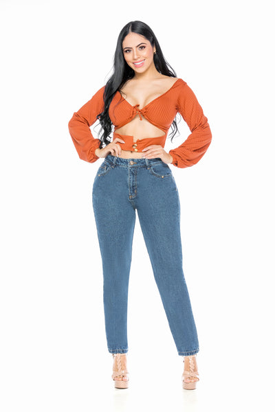 Sexy Mama- 8059 High Waisted Classic Tapered Mom Jeans- Medium Blue Wash